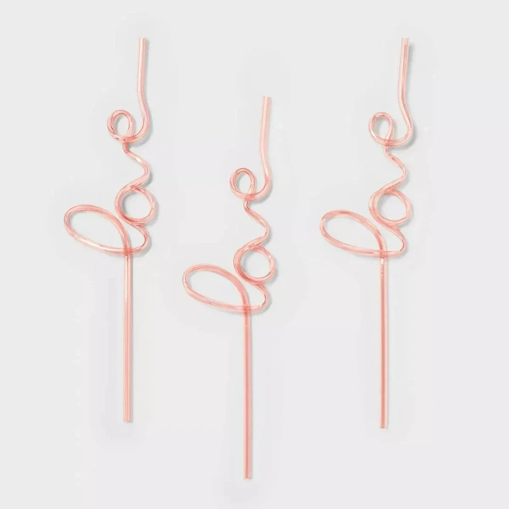 Spritz Heart Shaped Pink Love Script Straws 3ct Reusable Plastic Drinkware Party